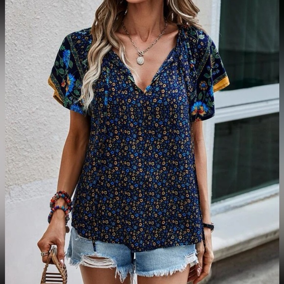 Boho Plus Size Floral Paisley Print Top Blouse Shirt - Picture 4 of 4